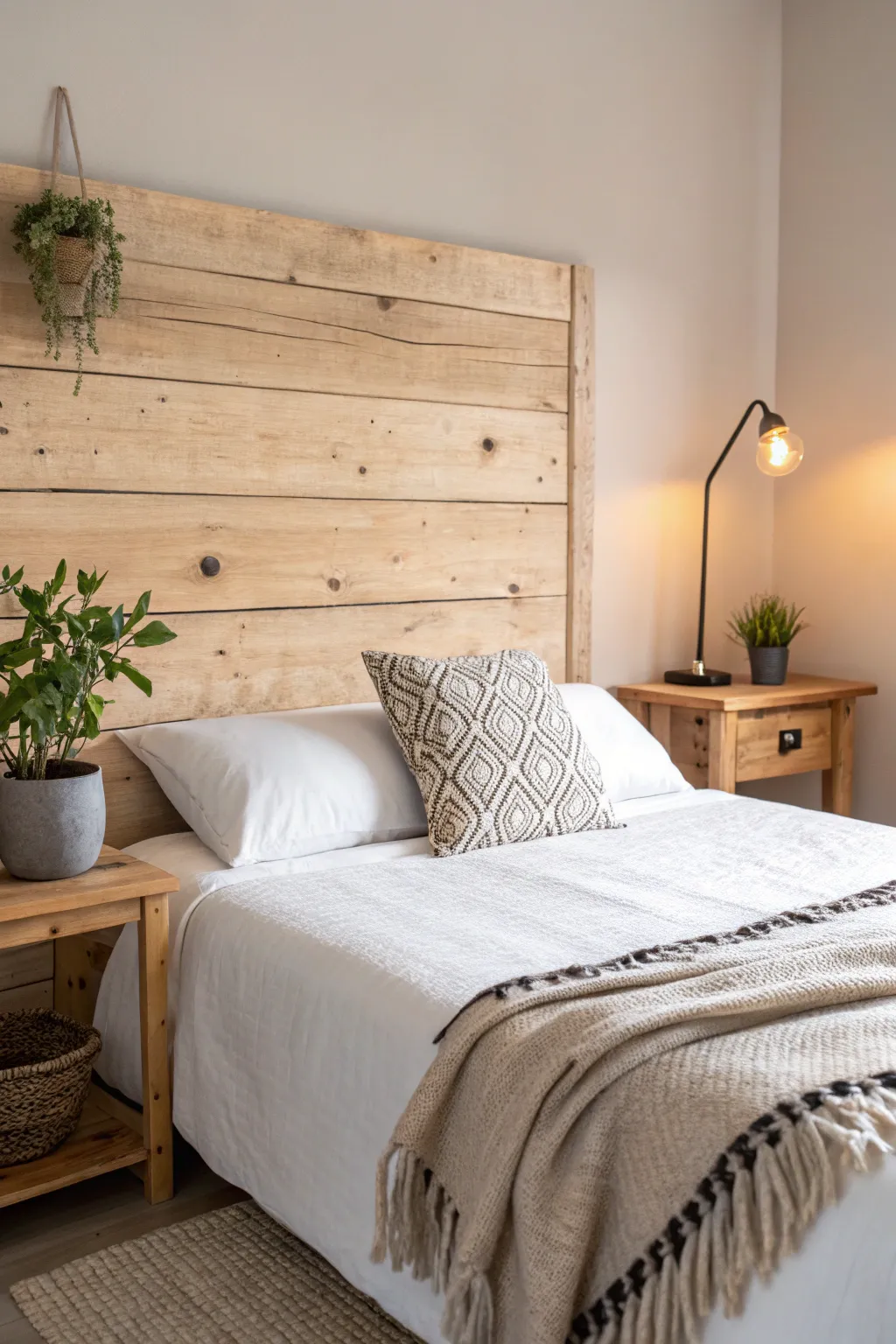 Craft your dream sanctuary with a rustic DIY headboard—where Scandinavian simplicity meets boho charm.