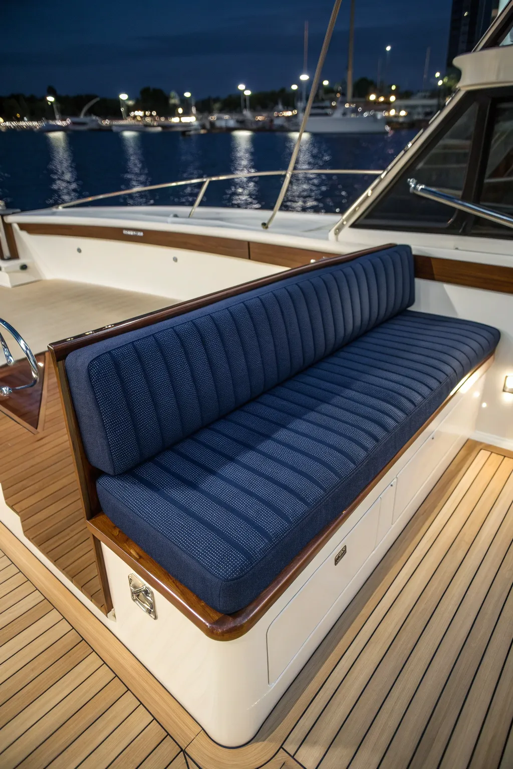 Set sail in style and comfort with this elegantly upholstered boat bench seat, perfect for long voyages.