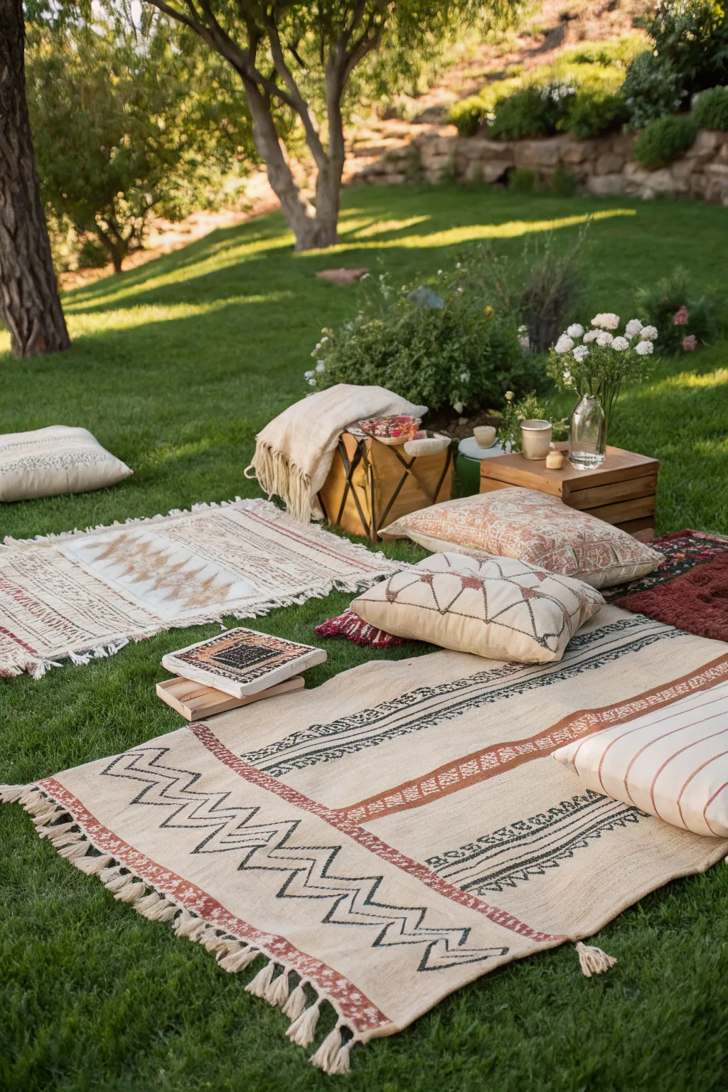 Transform your backyard into a boho paradise with a stunning mix of layered rugs. 🌿✨