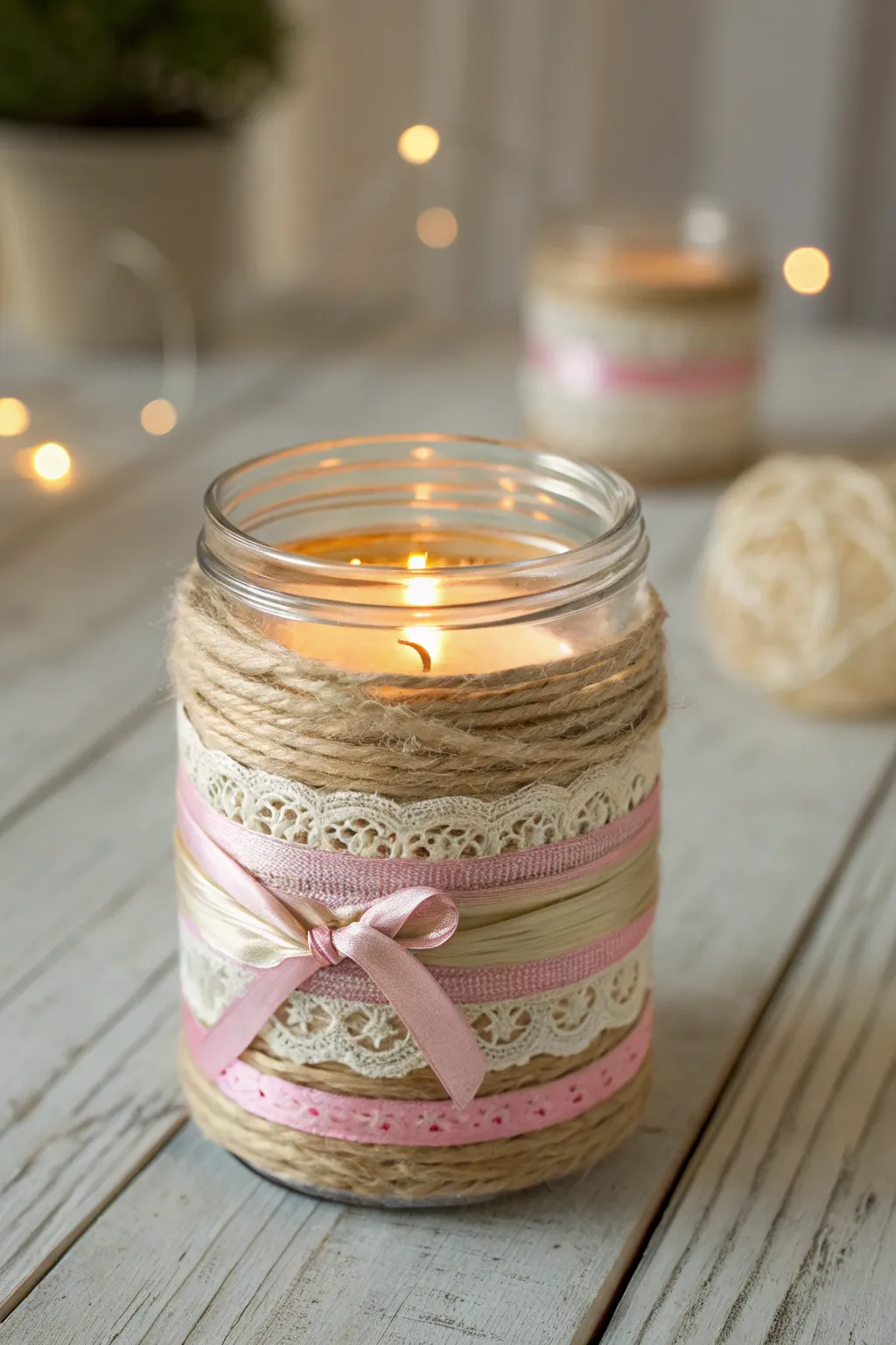 Elevate your space with twine and ribbon chic – simplicity meets elegance in this DIY candle jar idea.