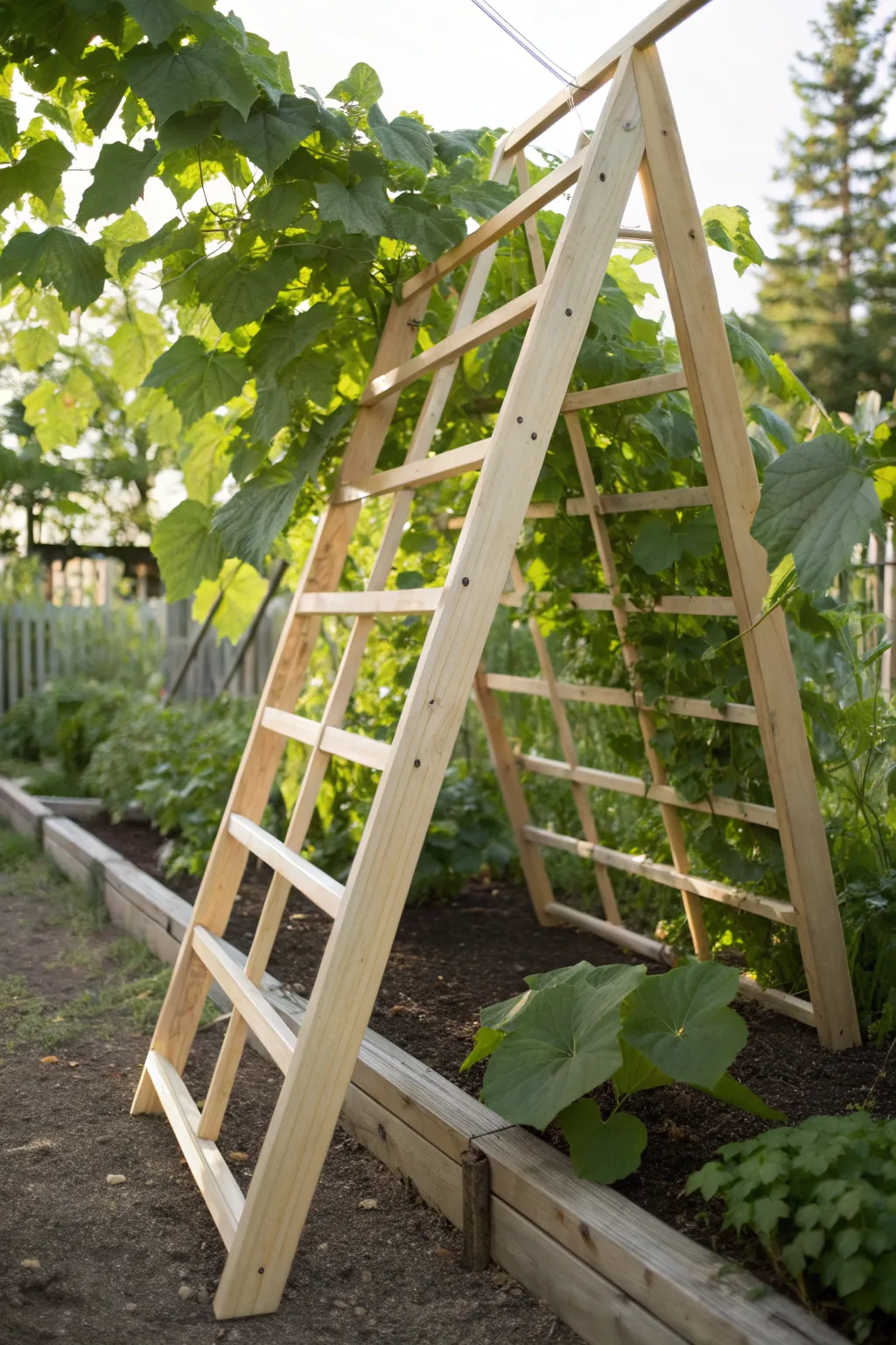 Elevate your garden's charm with a handcrafted A-frame cantaloupe trellis, where simplicity meets natural beauty.