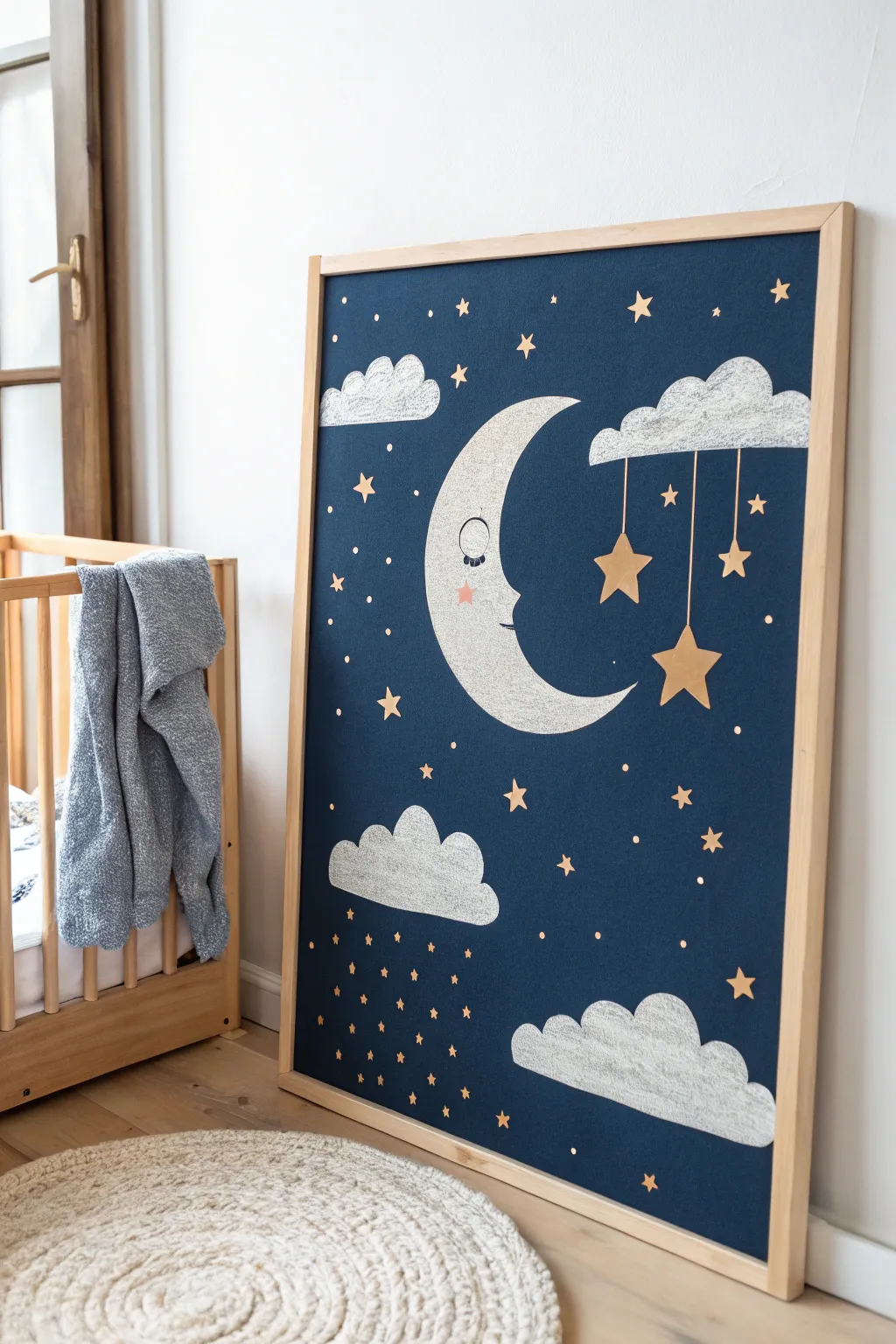 Bring tranquility to your baby's room with a dreamy night sky canvas, blending minimalist elegance with boho charm.