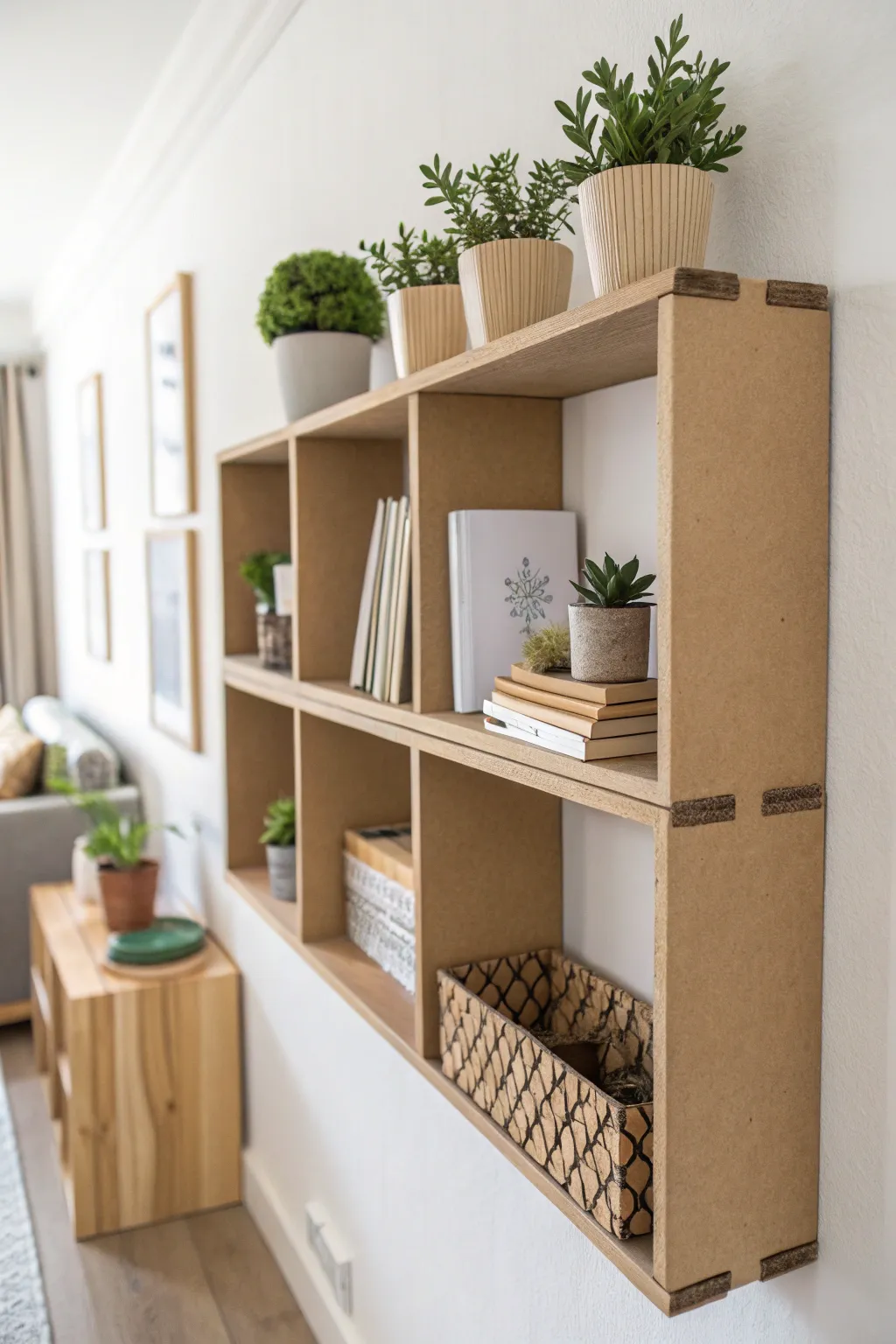Transform your hallway with chic and crafty DIY cardboard floating shelves, the perfect blend of Scandinavian minimalism and Boho warmth!