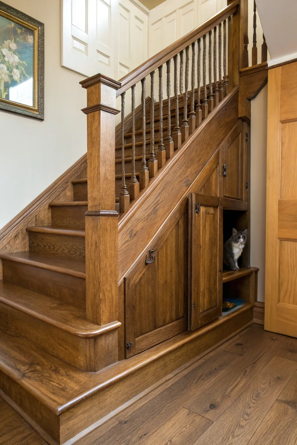 Unlock a world of mystery for your feline friend with this expertly crafted hidden cat door under the staircase.