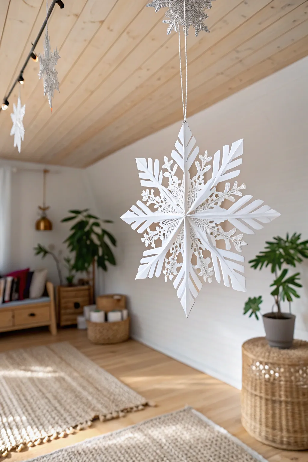 Transform your ceiling into a winter wonderland with handmade paper snowflakes—simple elegance that captures the magic of the season.