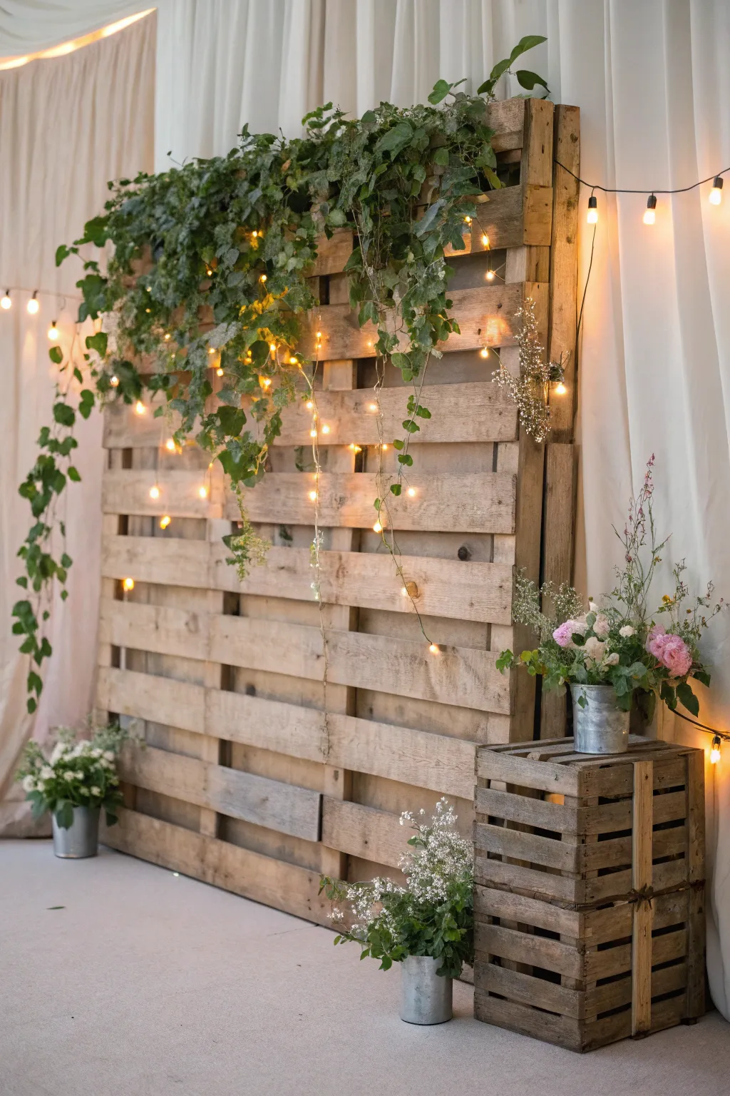 Transform your wedding venue with a rustic pallet wall adorned with fairy lights and greenery — the perfect blend of simplicity and charm.