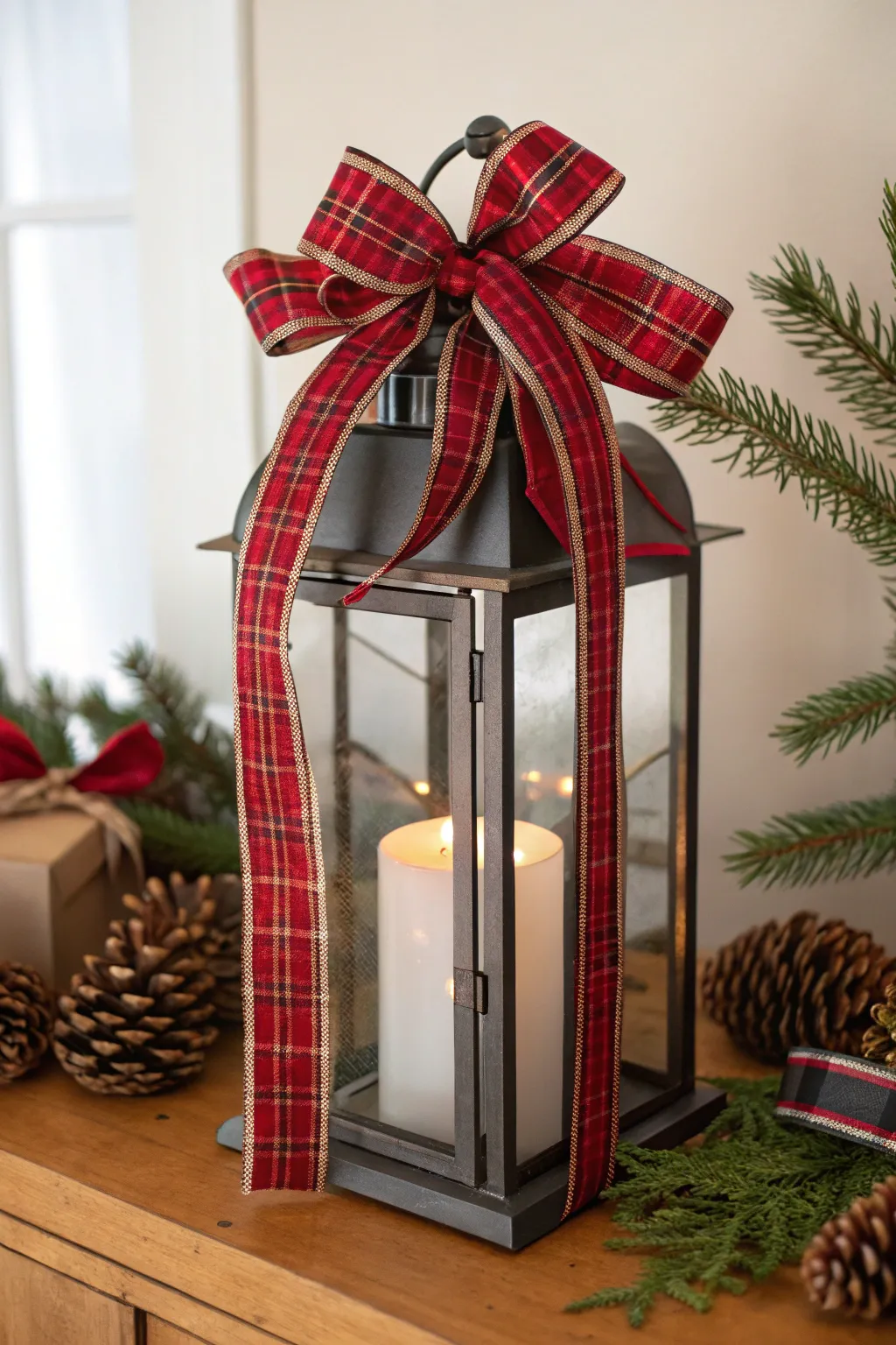 Add a touch of festive elegance with these DIY Christmas lanterns wrapped in vibrant ribbons, perfect for a minimalist holiday decor.