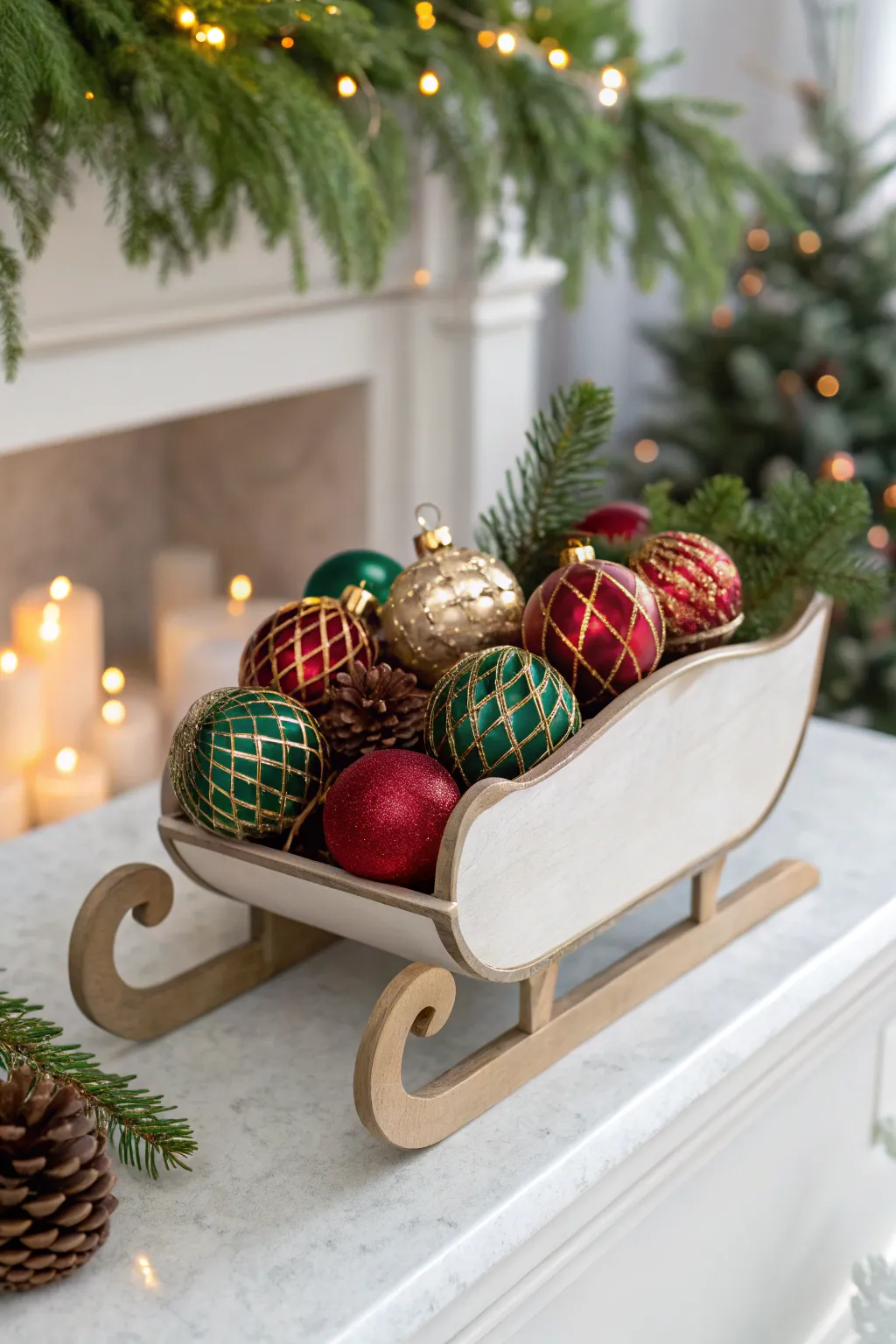 Bring festive cheer to your home with an Ornament-Filled Sleigh, balancing Scandinavian minimalism with vibrant holiday hues.