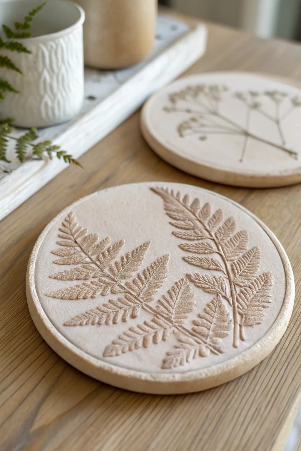 Bring nature indoors with these charming botanical clay coasters. 🌿✨ #DIYHomeDecor #ScandinavianStyle #BohoChic
