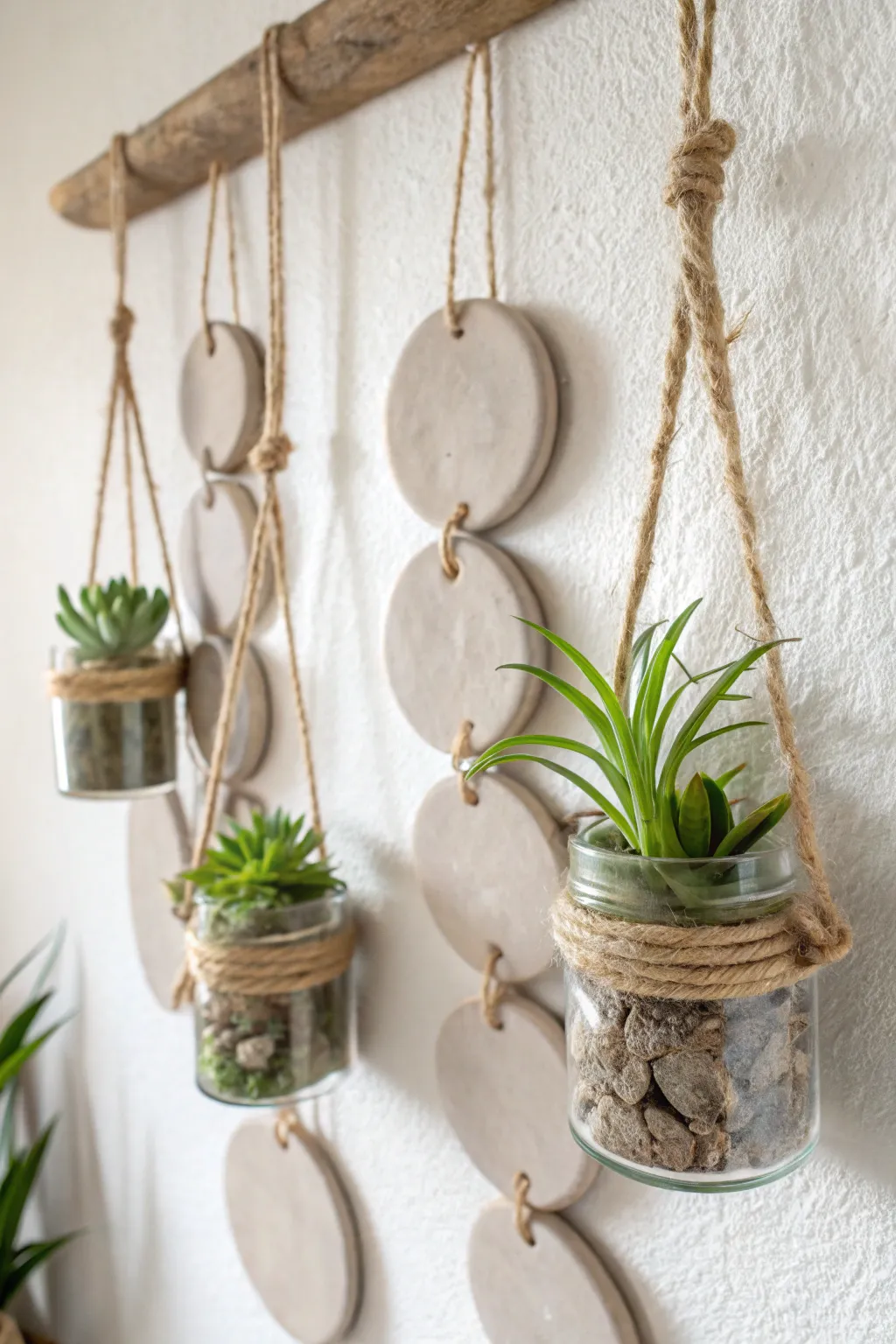 Elevate your plant game with these chic hanging clay discs – a perfect blend of Scandinavian minimalism and Boho charm.