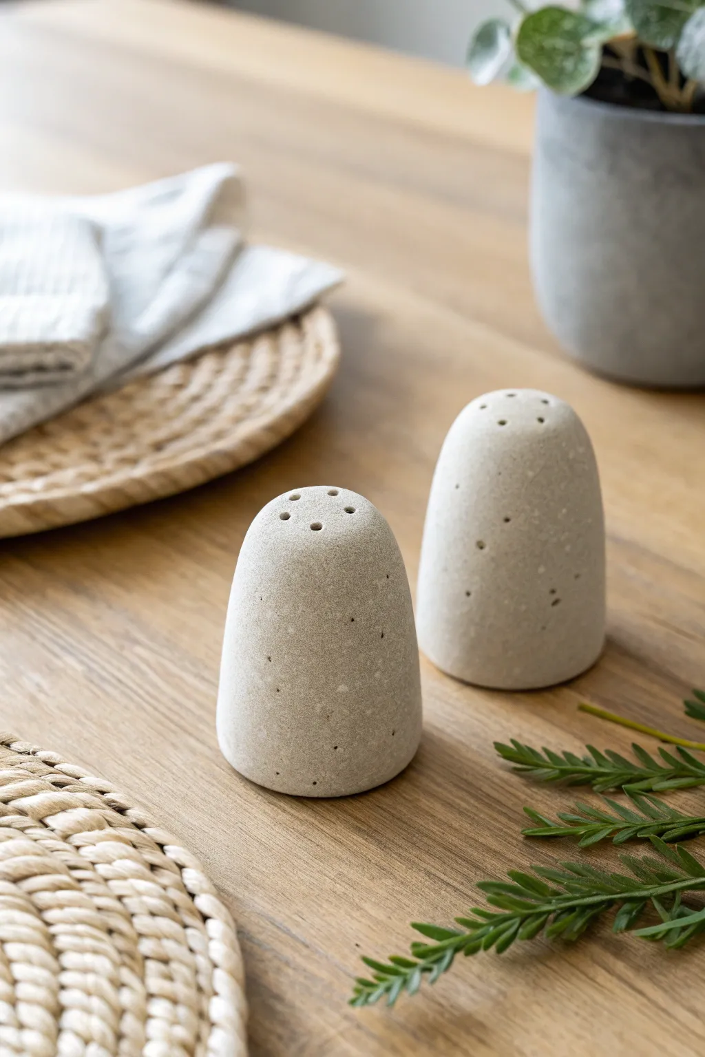 Embrace the beauty of nature with these handcrafted stone-inspired salt and pepper shakers, perfect for a minimalist table setting.