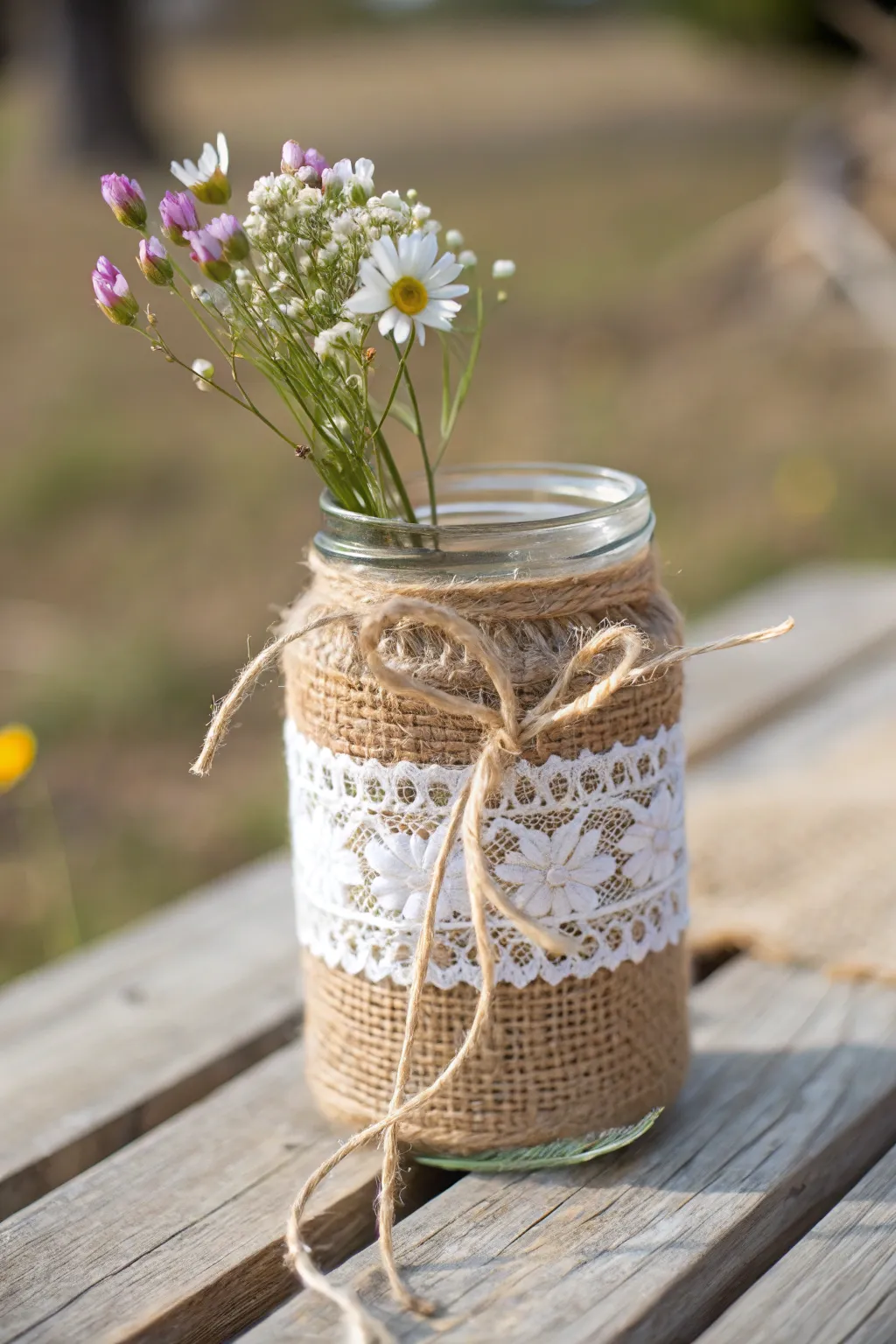 Elevate your decor with the rustic charm of burlap and lace mason jars—perfect for adding a touch of elegance to any setting!