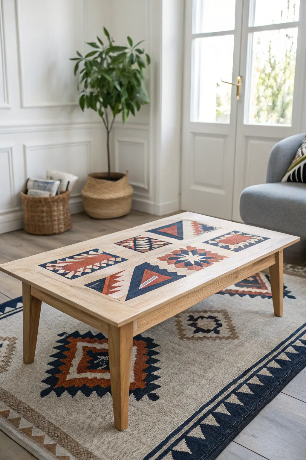 Transform your space with abstract artistry: a geometric masterpiece on your coffee table.