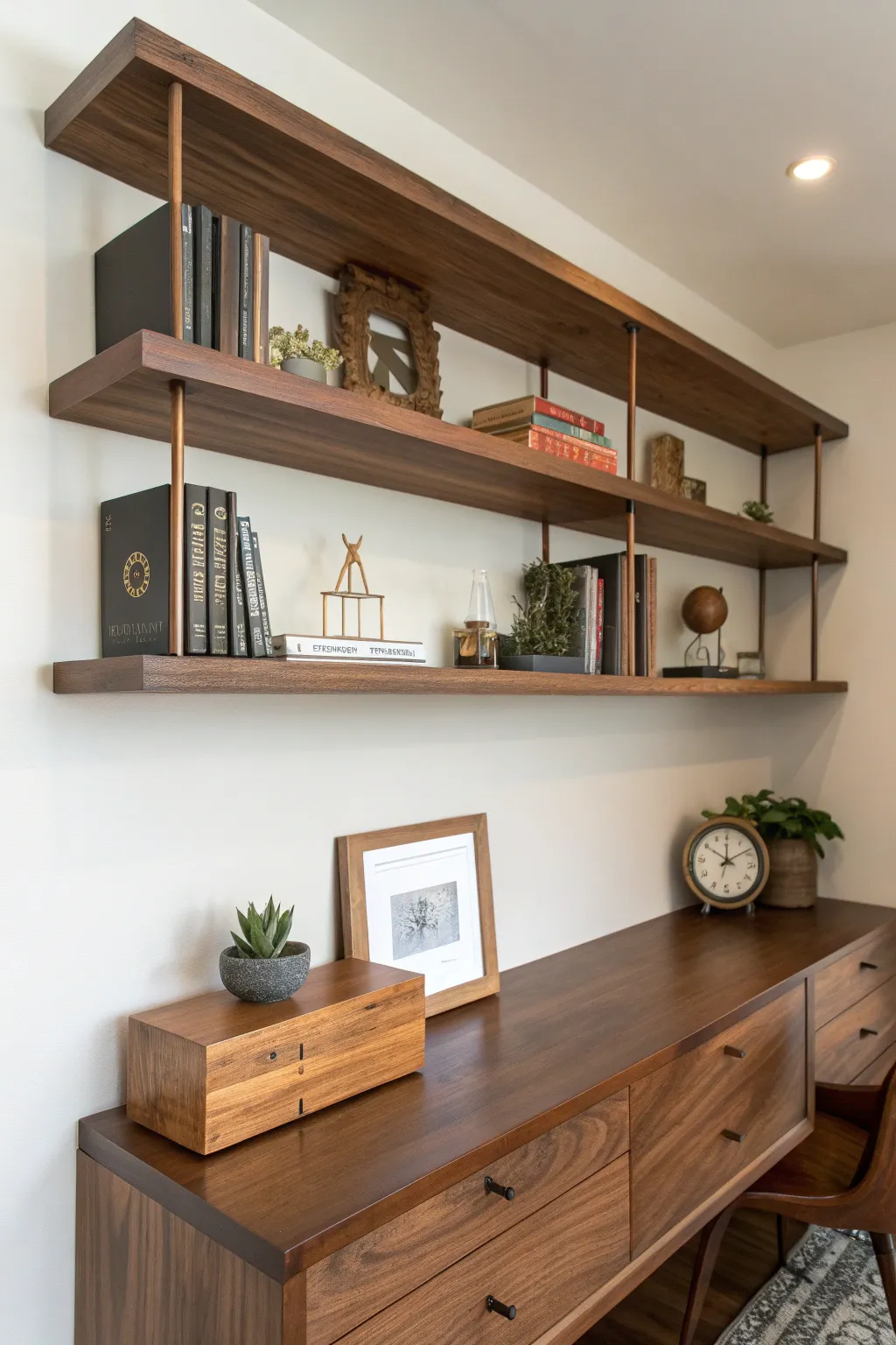 Elevate your workspace with a minimalist floating shelf hutch, perfect for showcasing books and treasures with style.