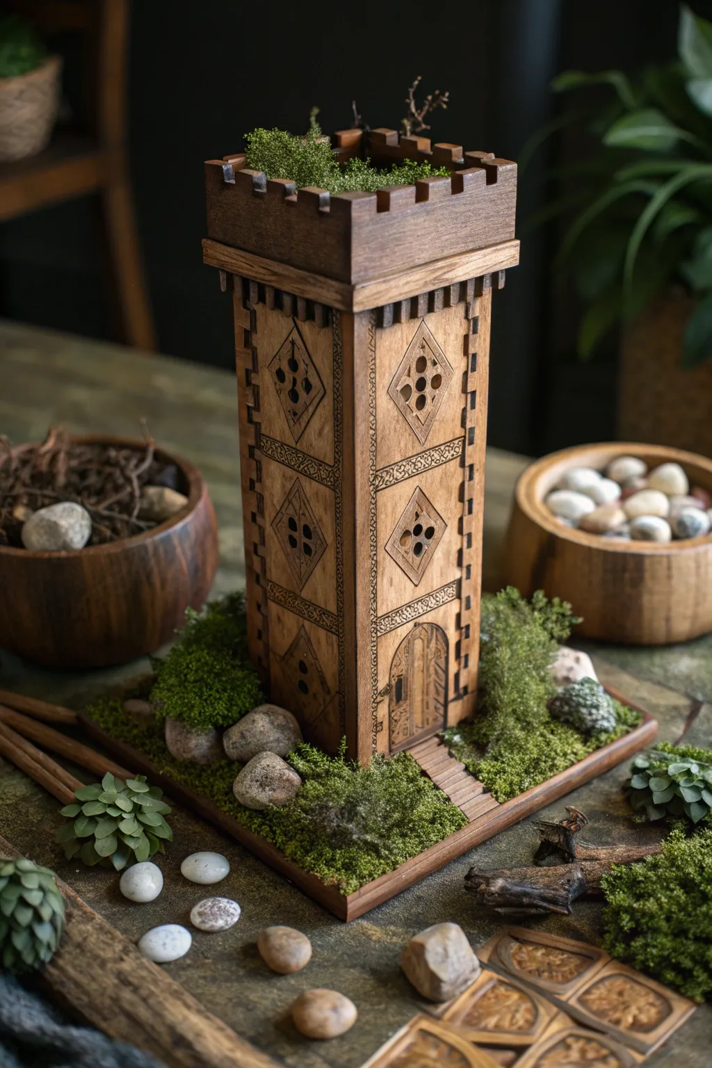 Roll your fate through a handcrafted forest haven: the ultimate nature-inspired dice tower for your gaming adventures.