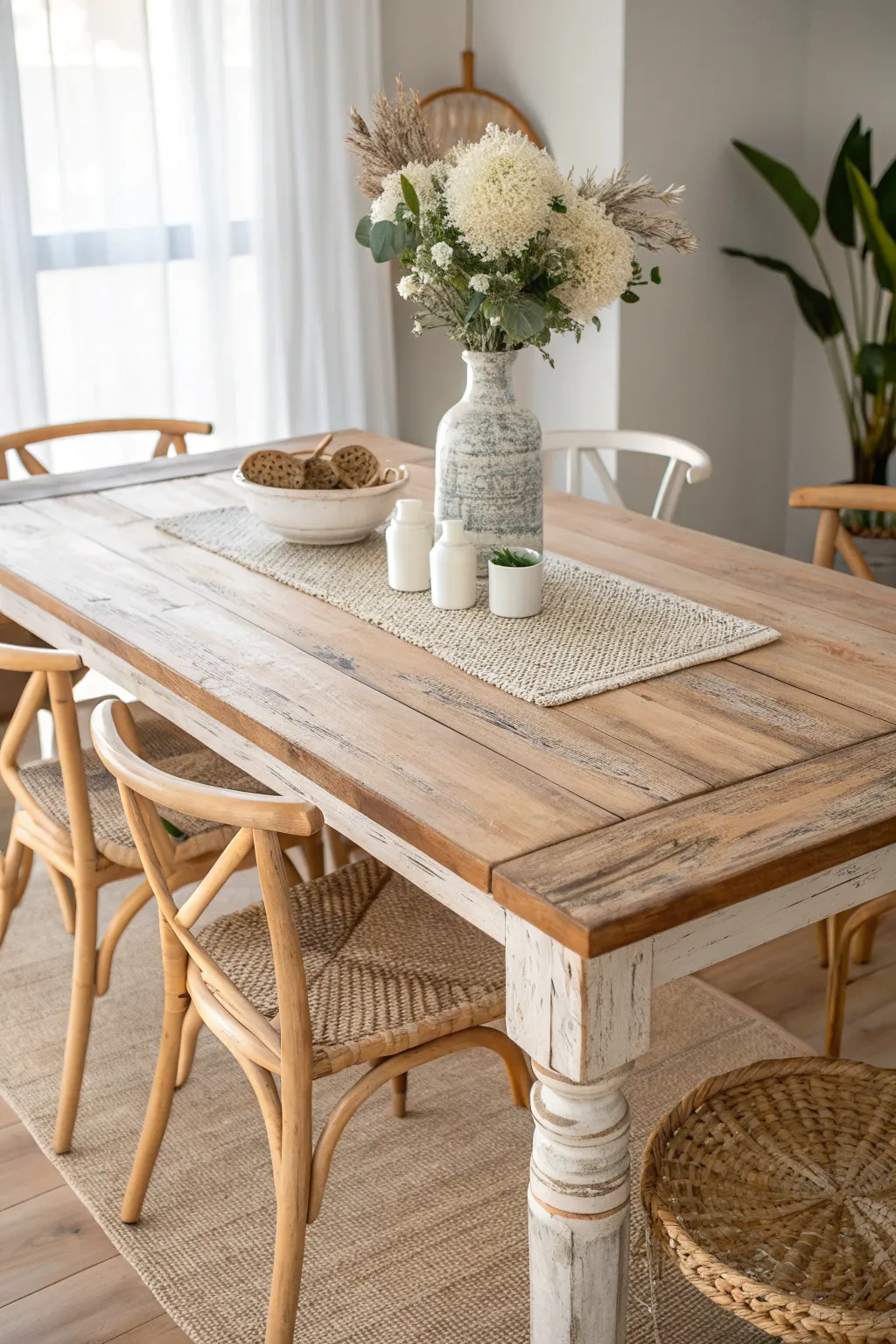 Transform your dining space with the rustic elegance of a distressed wood finish. #DIYMakeover #RusticCharm