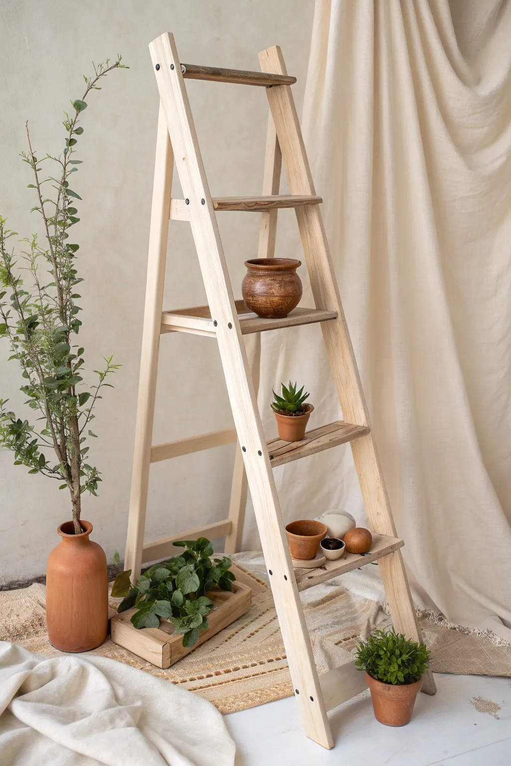 Elevate your craft show setup with a chic ladder display stand—where rustic charm meets minimalist elegance.