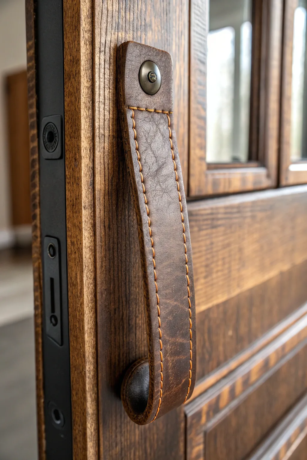 Elevate your interior with a touch of craftsmanship: a bespoke leather strap door handle.