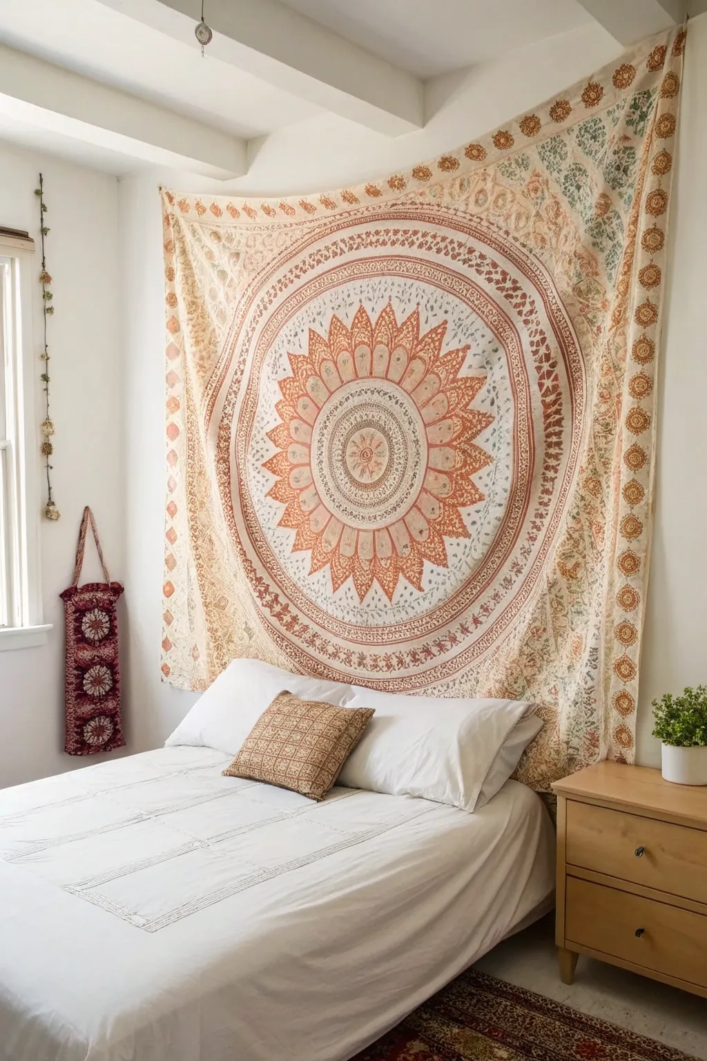 Elevate your dorm with a tapestry headboard—where boho charm meets minimalist elegance!