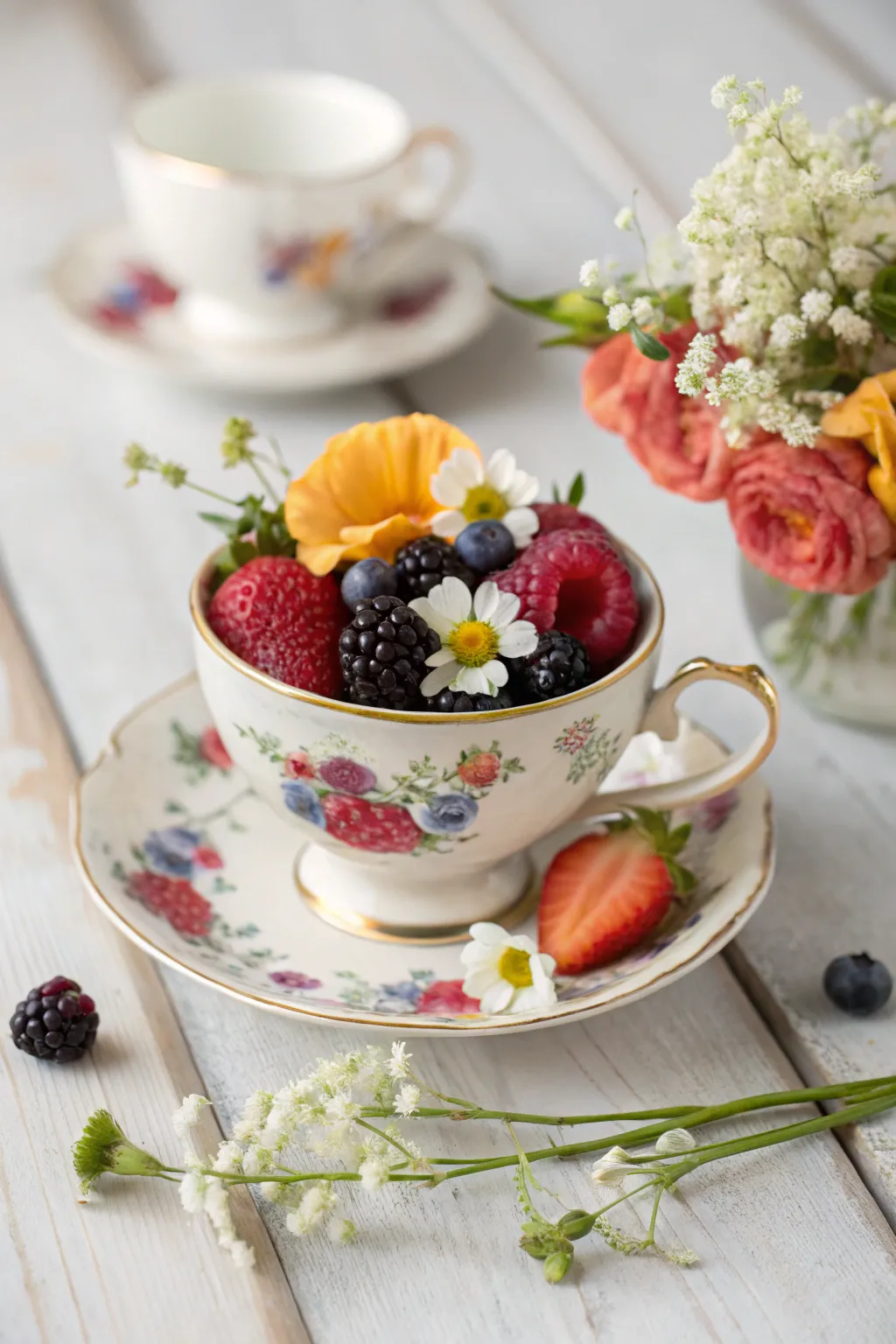 Elevate your table setting with a charming edible arrangement in a vintage teacup. Simple, elegant, and unforgettable.