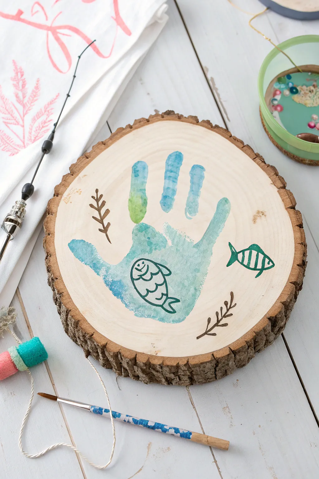 Hook, line, and sinker: Capture Dad's heart with this charming fishing-themed handprint art!