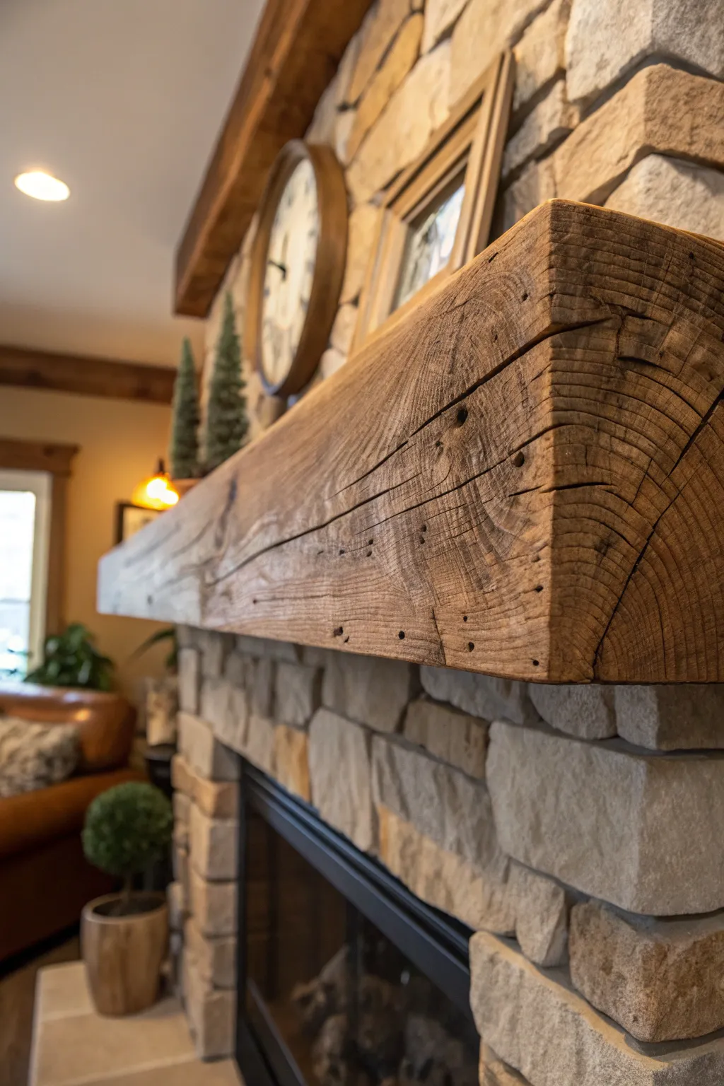 Transform your space with the timeless charm of a rustic wood beam mantel.