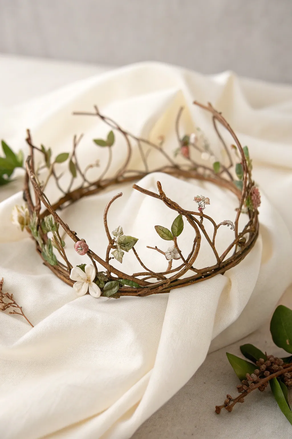 Embrace your inner forest queen with a handcrafted twig and vine tiara, blending rustic charm with regal elegance.