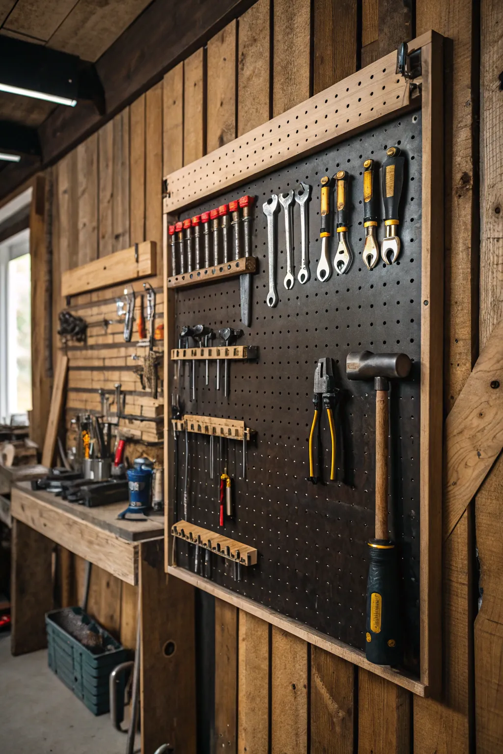 Transform your workspace with a stylish and functional pegboard setup.