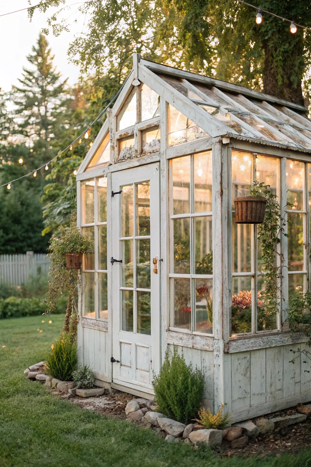 Transform vintage windows into a charming greenhouse retreat, where simplicity meets natural beauty.
