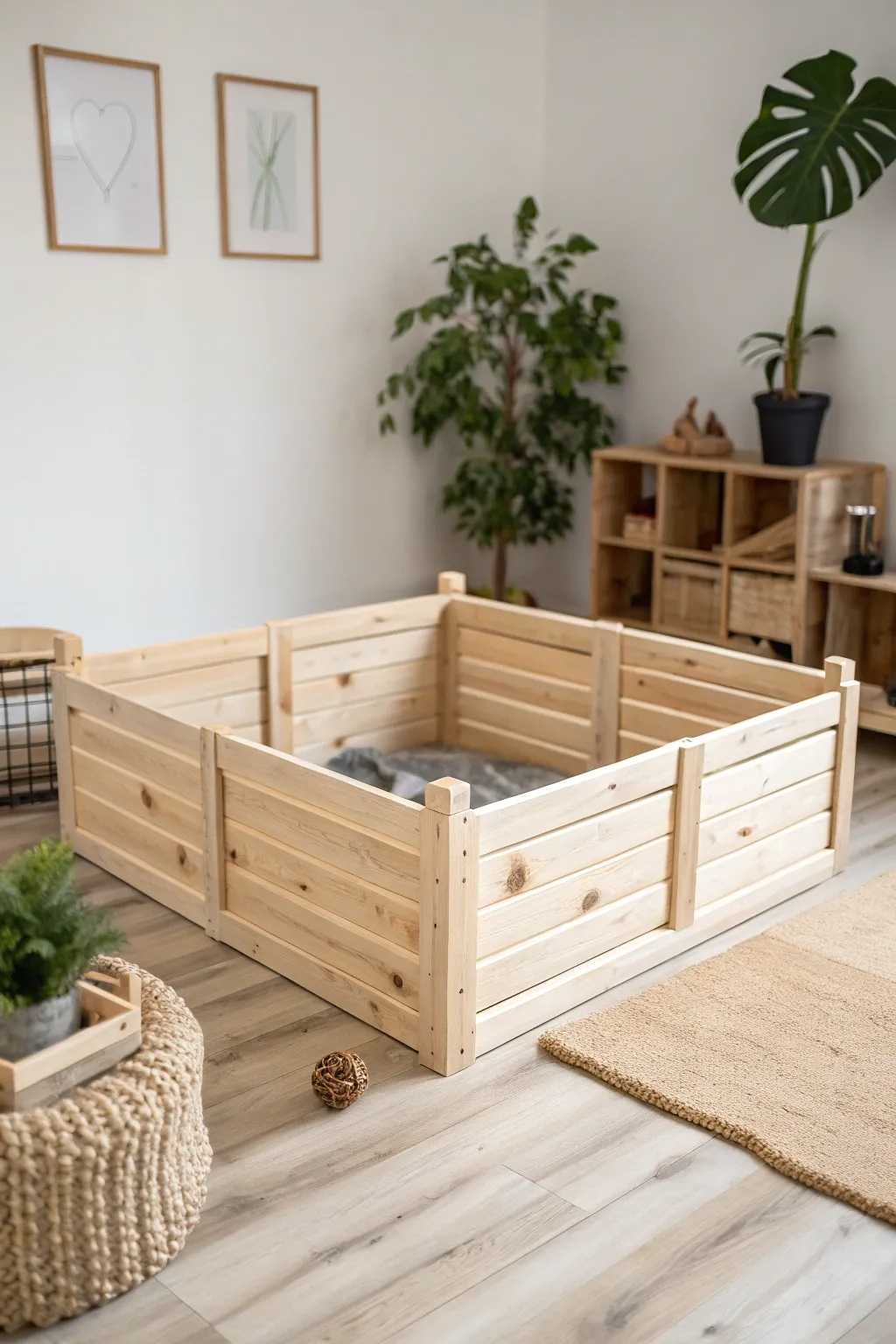 Embrace simplicity with a rustic wooden playpen that blends seamlessly into your home decor.