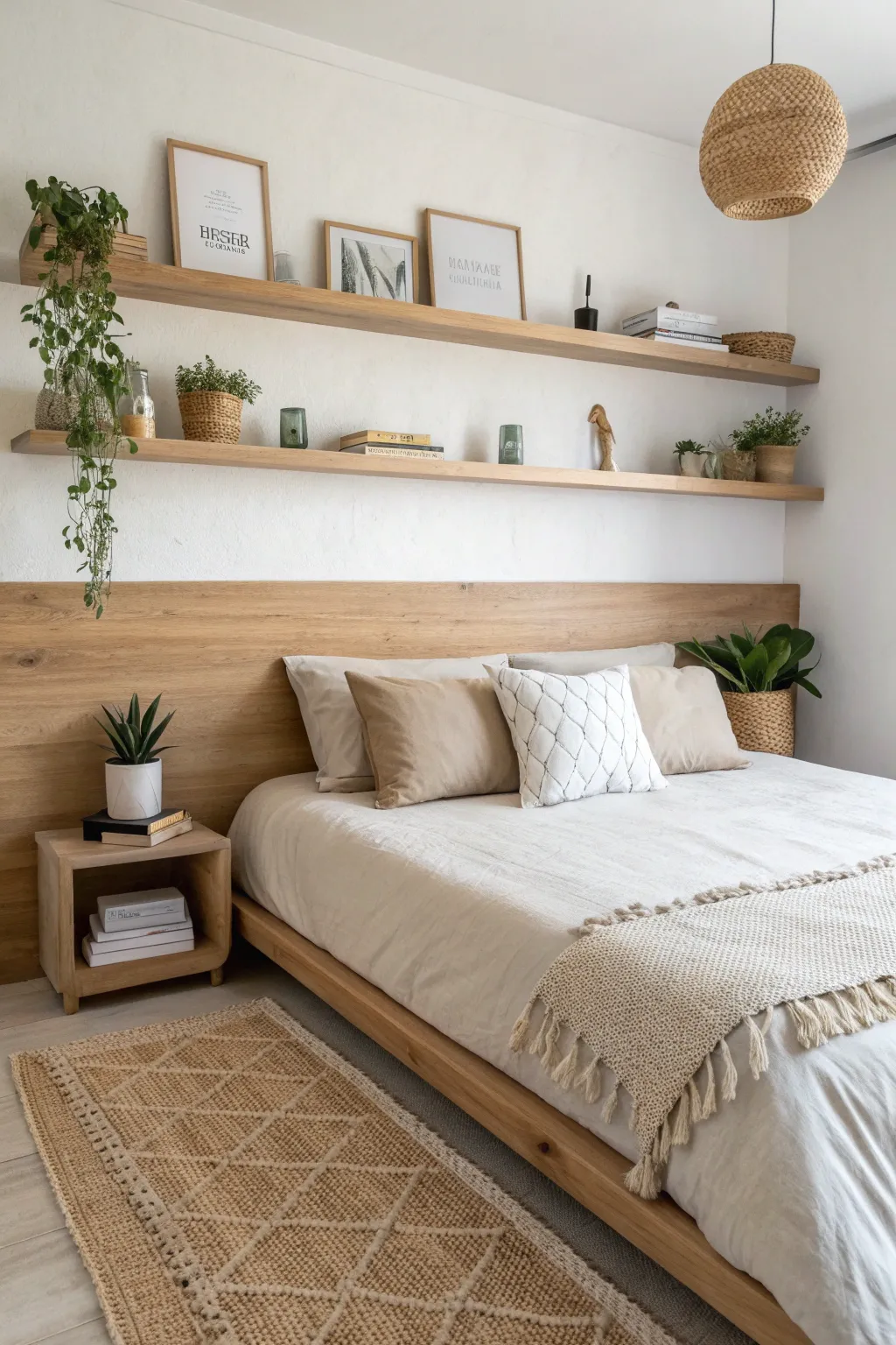 Transform your bedroom with a chic floating shelf headboard that marries simplicity and style.