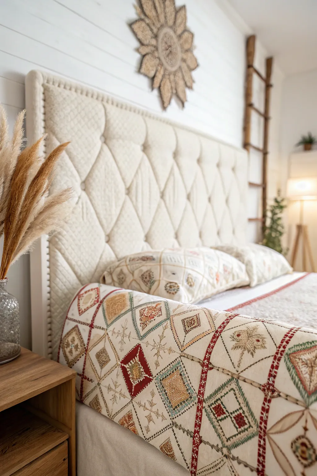 Transform your bedroom into a cozy haven with a handcrafted fabric headboard. 🌿✨ #DIYHeadboard #ScandiBoho
