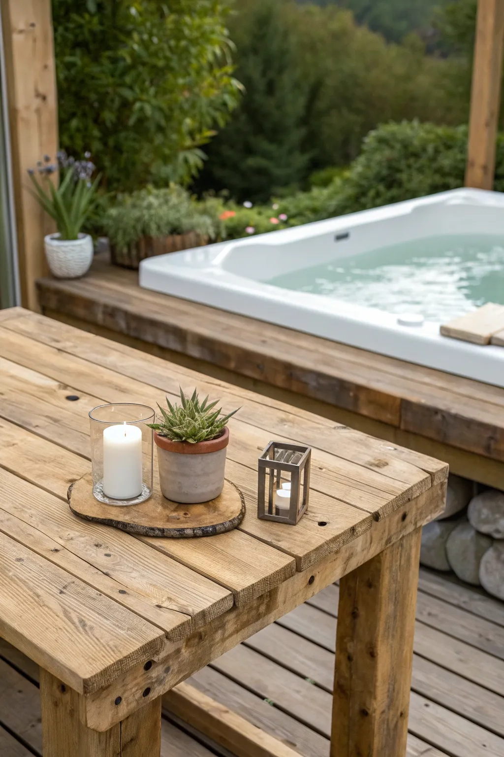 Embrace rustic elegance with a DIY reclaimed wood table, perfect for your tranquil hot tub oasis. 🌿✨