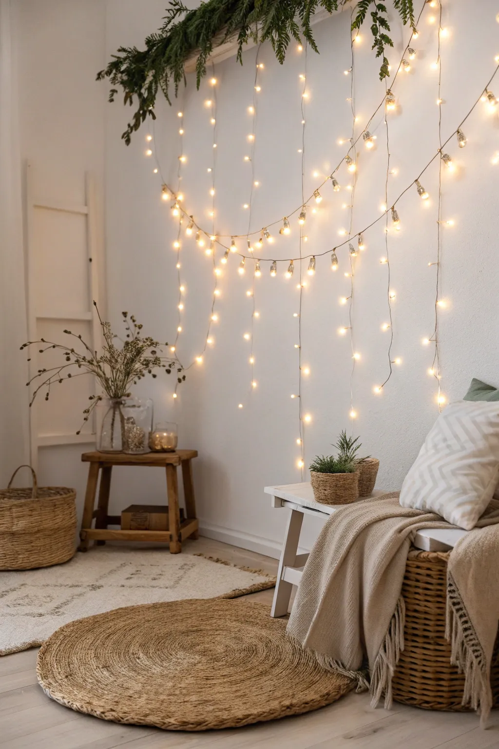 Transform your space with the enchanting glow of fairy lights for the perfect indoor picnic ambiance.