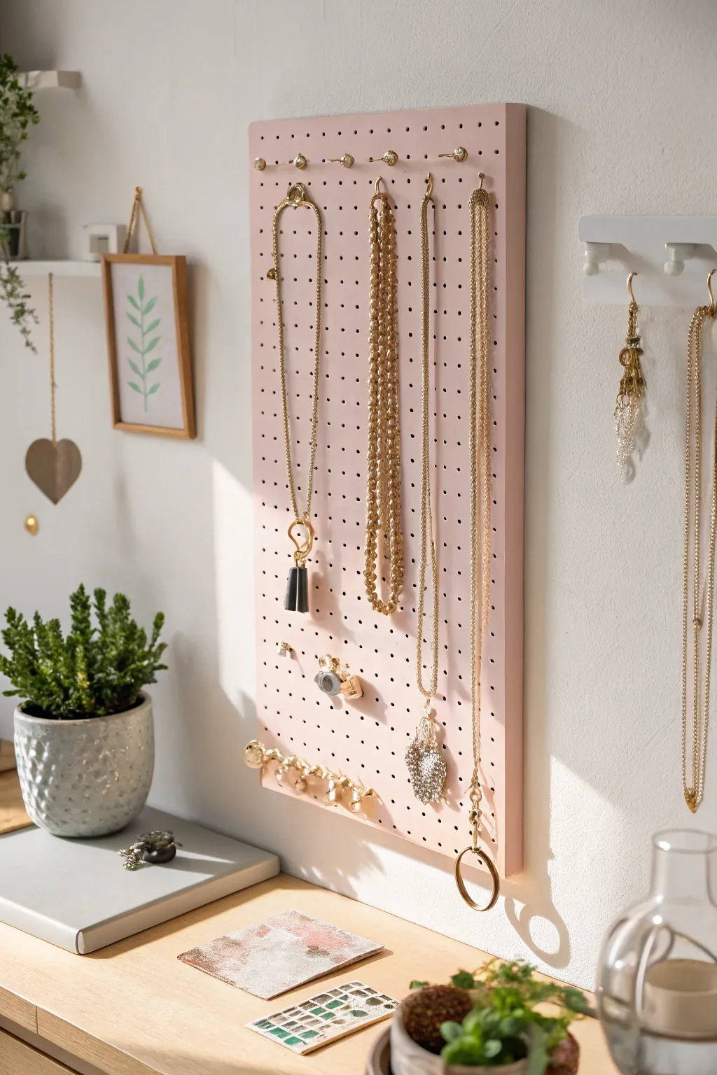 Transform your space with this chic pegboard jewelry organizer, where simplicity meets elegance.