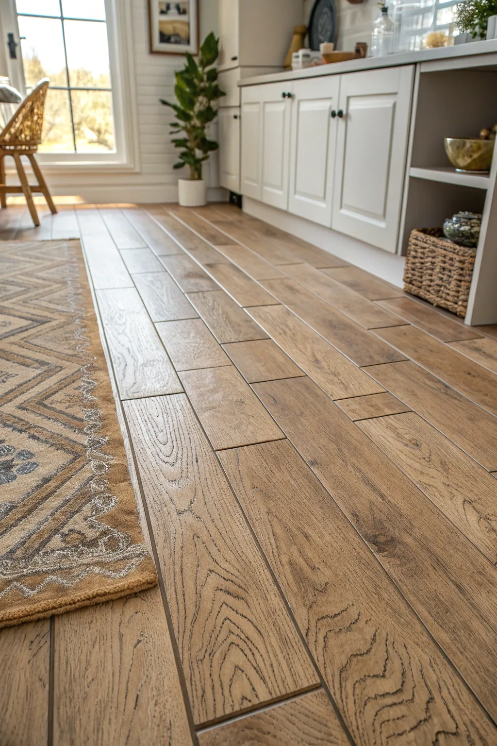 Elevate your kitchen with stunning wood-look tiles that blend warmth and simplicity, perfect for a Scandinavian-Boho ambiance.