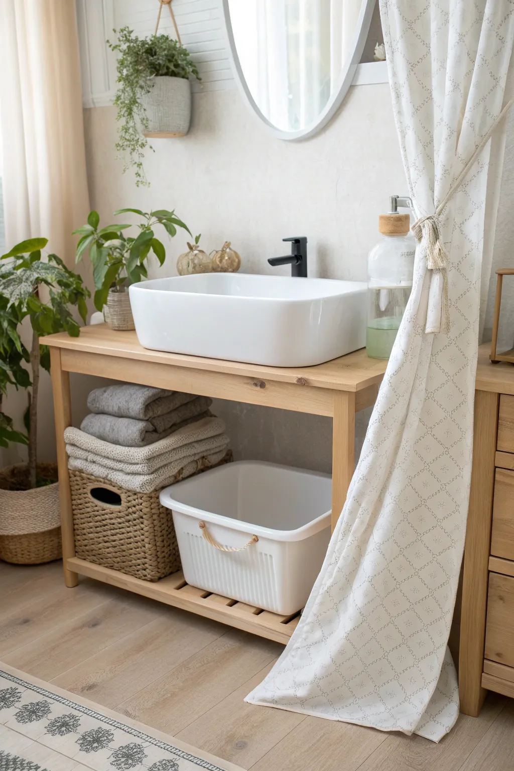 Transform your bathroom with this chic under-the-sink litter box solution, blending minimalist elegance with boho charm.