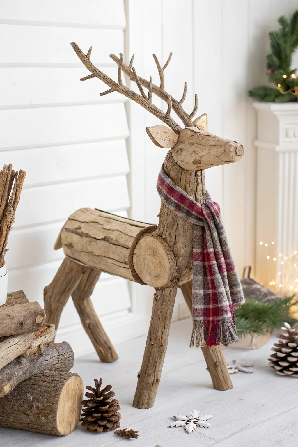 Embrace the charm of rustic elegance with this handmade log reindeer, perfect for a cozy Christmas decor.