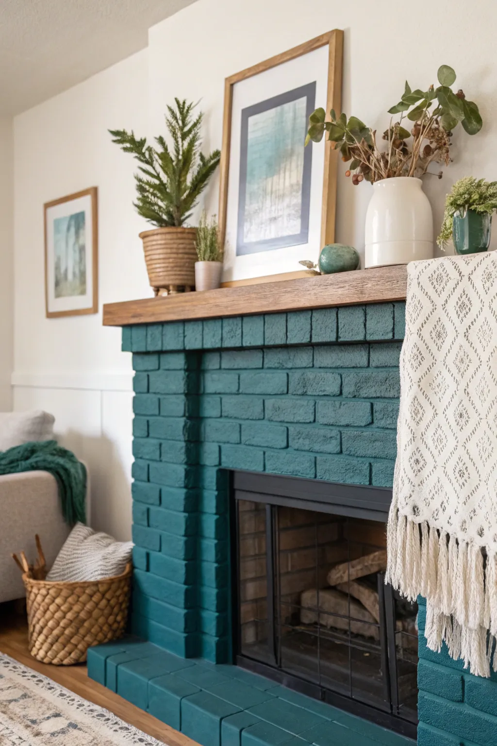 Transform your space with a stunning painted brick mantel—bold color meets minimalist elegance. ✨