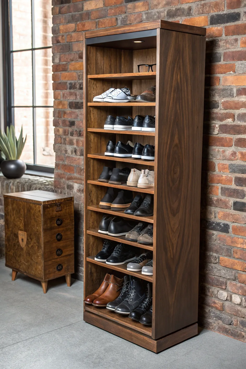 Elevate your space with a crafted shoe storage tower: the perfect blend of style and organization.