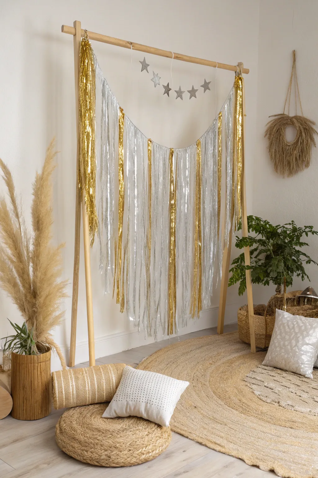 Transform your space with this stunning DIY tinsel and streamers backdrop, perfect for a chic New Year's celebration!