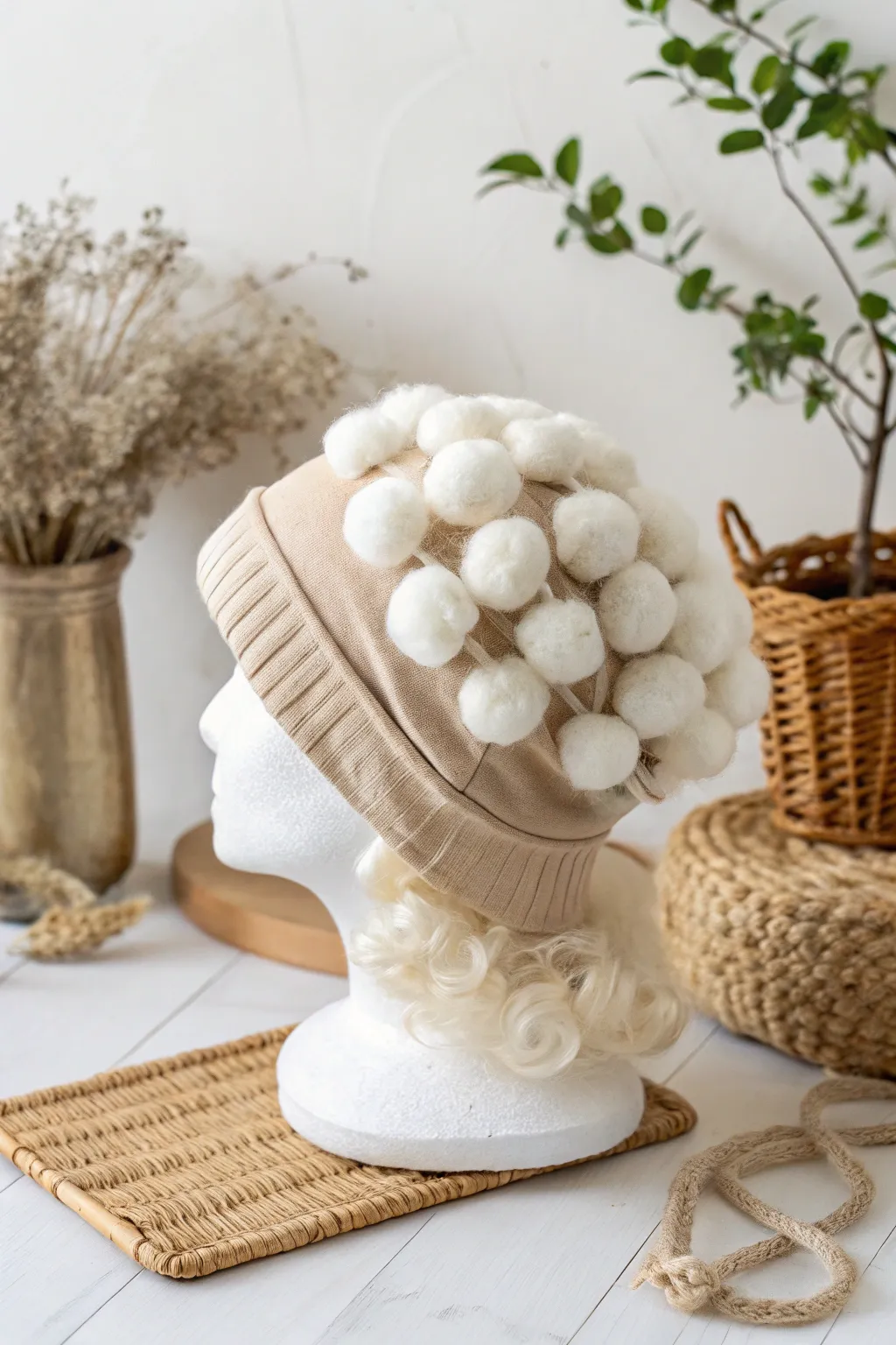 Crafting cuteness: Transform a simple beanie into a whimsical old lady wig with fluffy cotton balls!