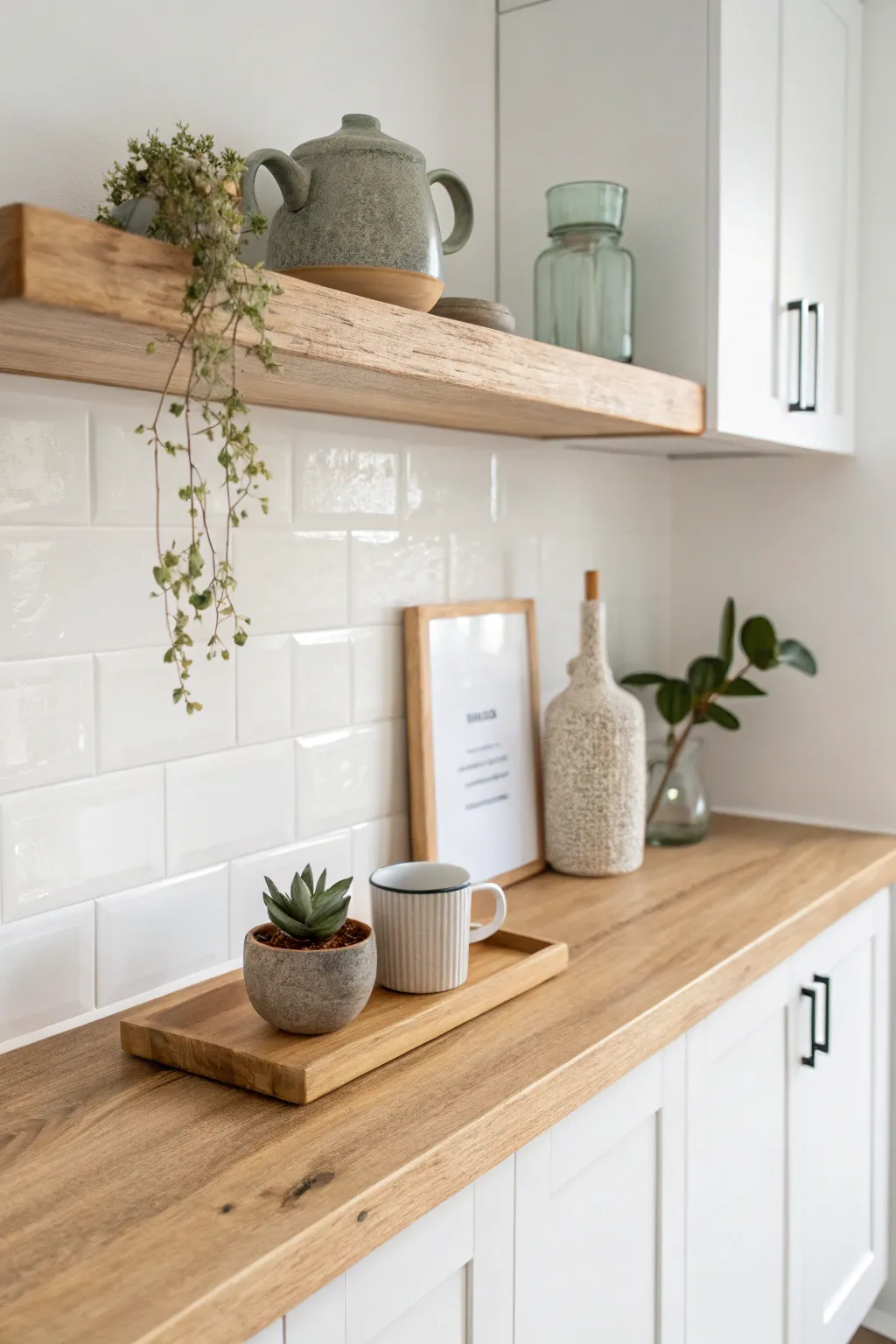 Elevate your kitchen space with minimalistic floating shelves that blend Scandinavian simplicity with a touch of boho elegance.