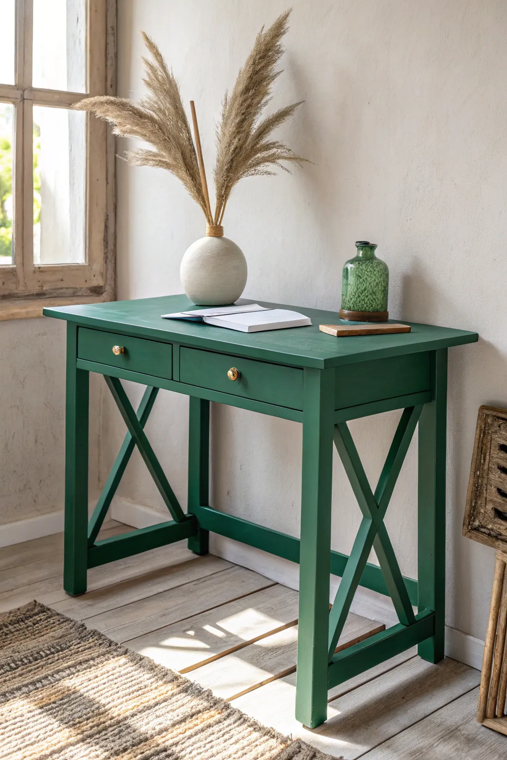 Transform your workspace with a bold splash of emerald green, blending Scandinavian simplicity with Boho elegance.