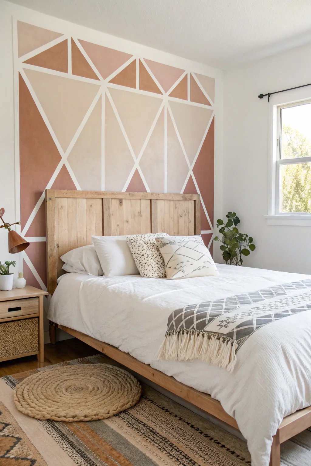 Elevate your bedroom with a touch of modern artistry. #DIYHeadboard #GeometricDesign #ScandinavianMinimalism
