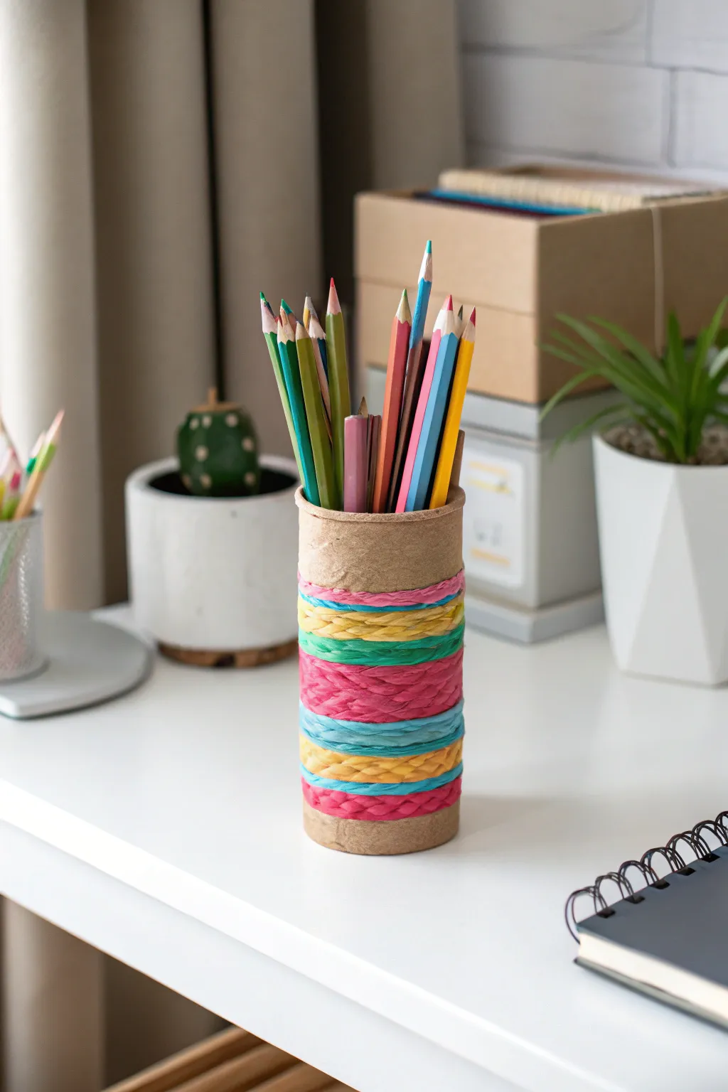 Transform everyday cardboard tubes into vibrant desk art with this simple DIY pencil holder idea!
