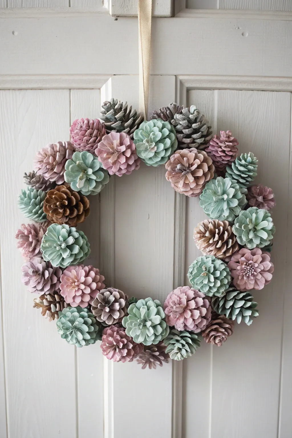 Transform your space with a touch of pastel elegance! Discover the charm of a handmade pinecone wreath, perfect for adding a subtle splash of color to your decor.