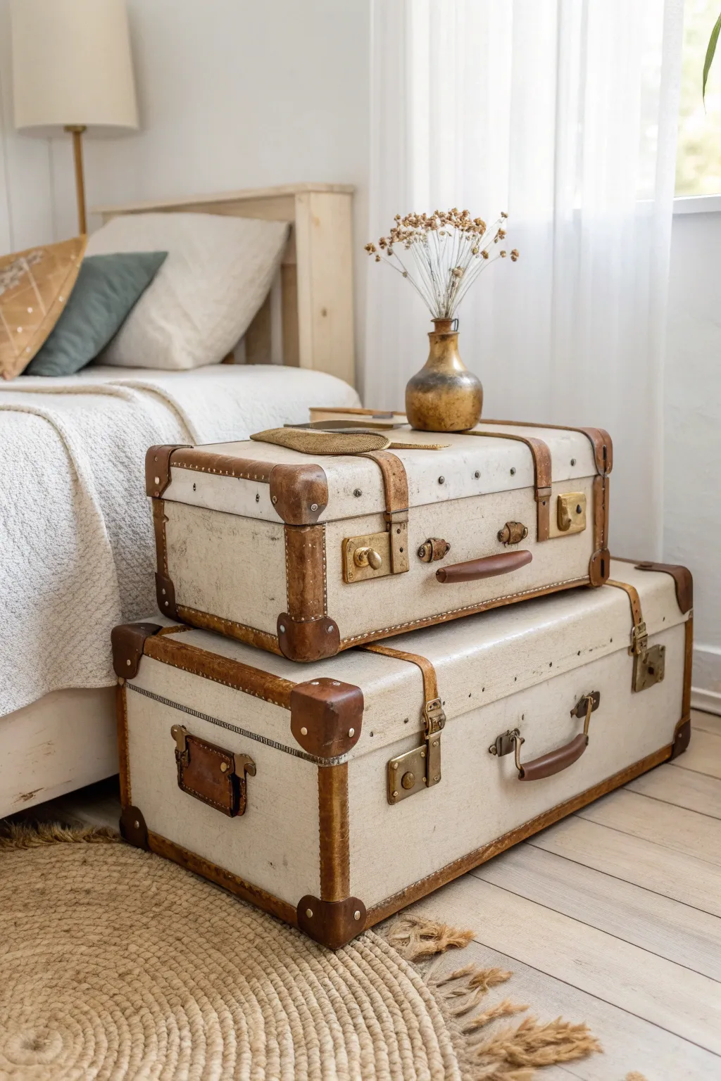 Transform vintage suitcases into a charming nightstand for a touch of rustic elegance in your minimalist space.