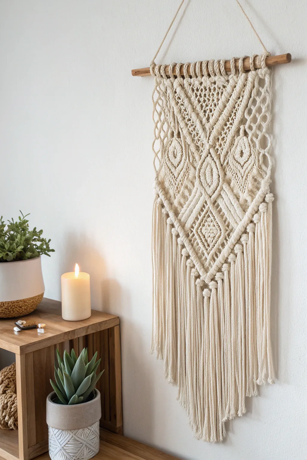 Transform your space with the elegance of macramé – a touch of boho charm for any minimalist sanctuary.