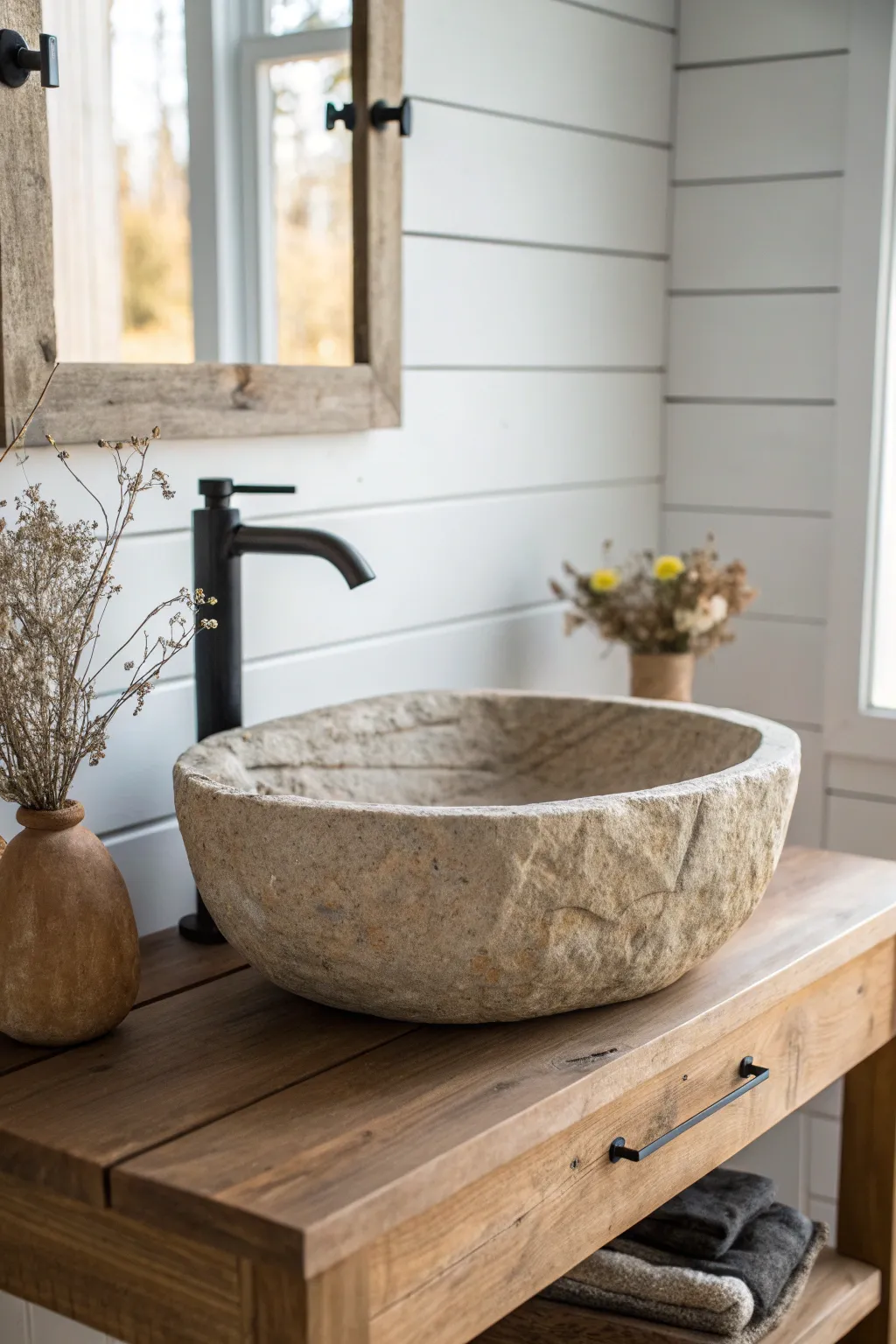 Transform your bathroom into a rustic retreat with the timeless charm of a stone sink.